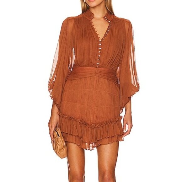 Shona Joy Leonie Button Up Ruched Mini Dress in Almond Brown Orange Long Sleeve - Picture 1 of 9